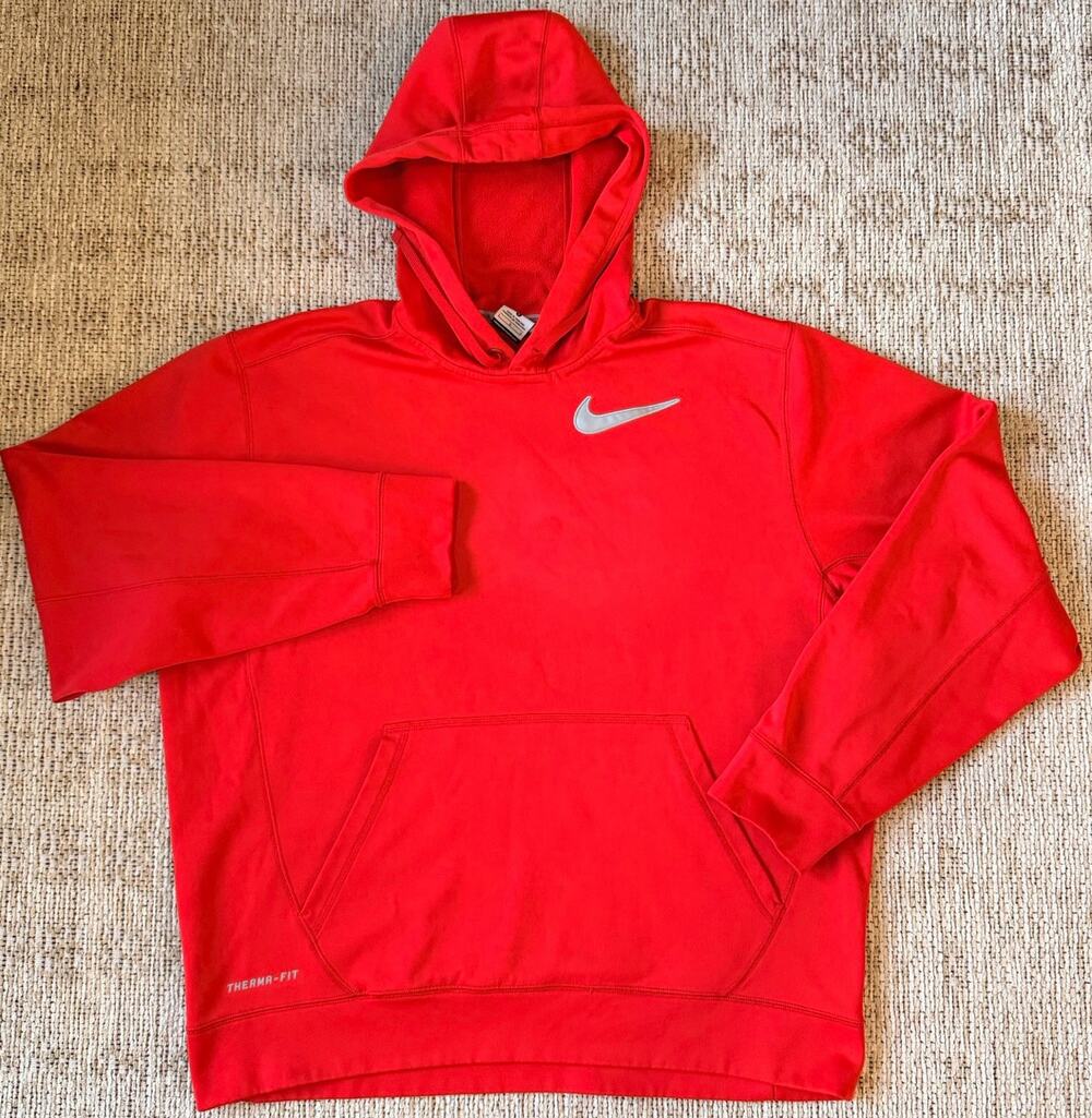 Nike Therma-Fit Pullover Hoodie Mens L Red Athletic Sweatshirt Big Swoosh